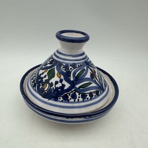 Vintage Handmade Traditional Moroccan Ceramic Tagine Dish  4.5" Blue And White
